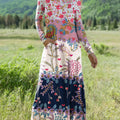 Women's Ethnic Colorful Paisley Floral Art Print Long-sleeved V-neck Dress