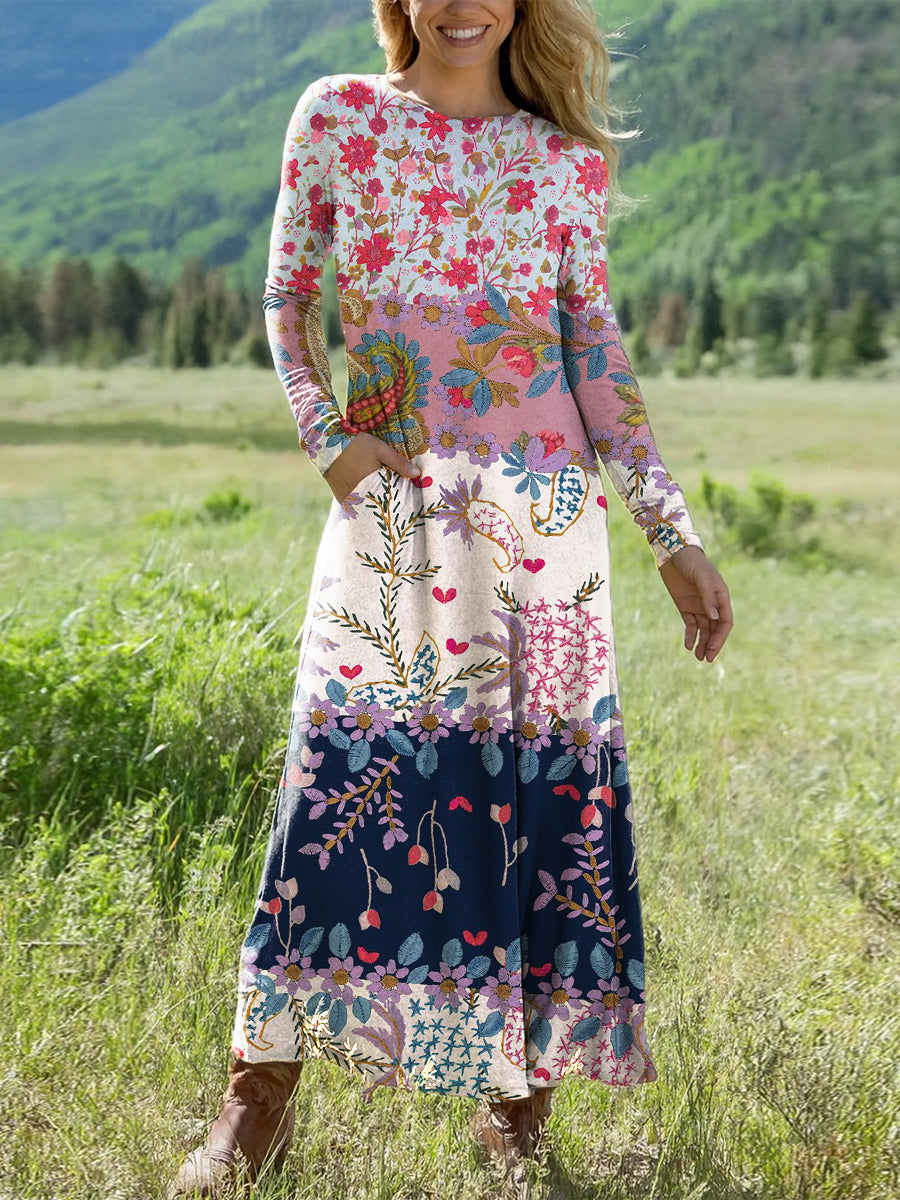 Women's Ethnic Colorful Paisley Floral Art Print Long-sleeved V-neck Dress