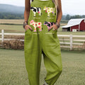 Women's Lovely Cow Art Print Casual 100% Cotton Wide Leg Jumpsuit