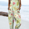 Women's Vintage Flowers Art Print Casual 100% Cotton Wide Leg Jumpsuit