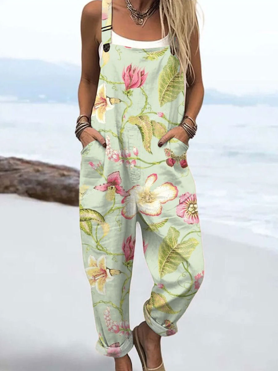 Women's Vintage Flowers Art Print Casual 100% Cotton Wide Leg Jumpsuit