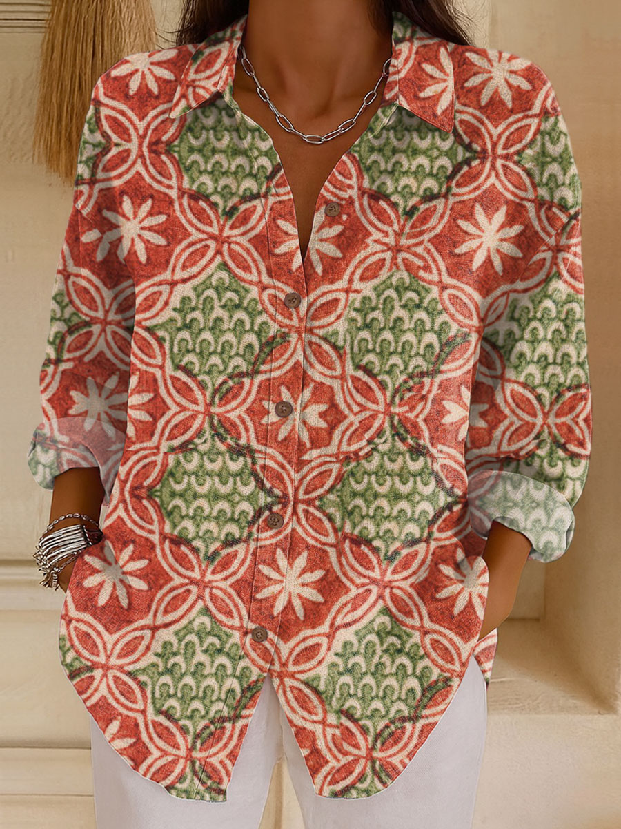 Women's  Vintage Flower Art Print Casual Cotton Shirt