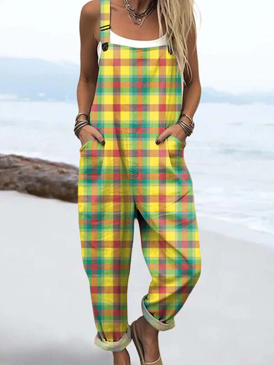 Women's Colourful Art Plaid Print Casual 100% Cotton Wide Leg Jumpsuit