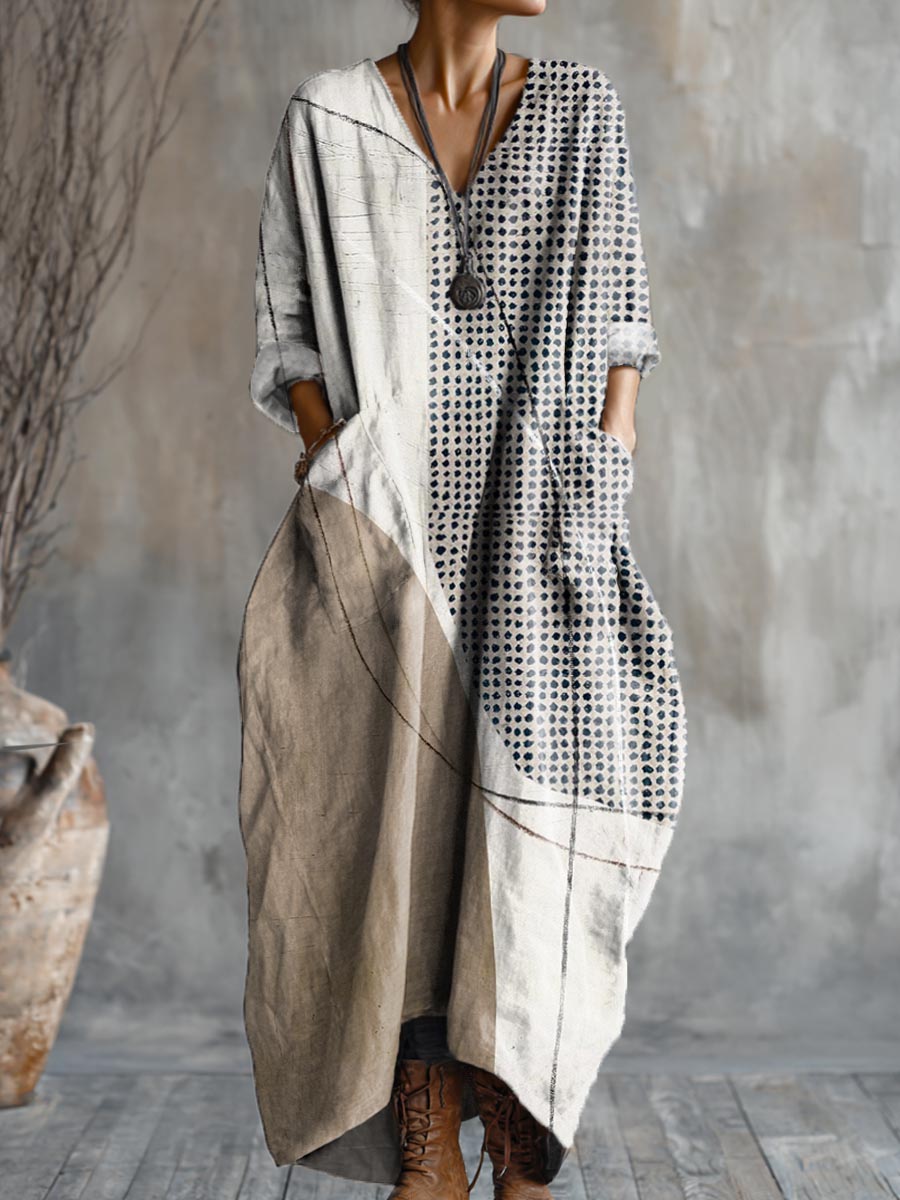 Women's Abstract Geometric Pattern Art Print Pocket V-neck Cotton Dress