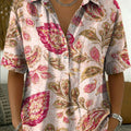 Women's Vintage Botanical Floral Casual Polo Collar Short-sleeved Linen And Cotton Shirt