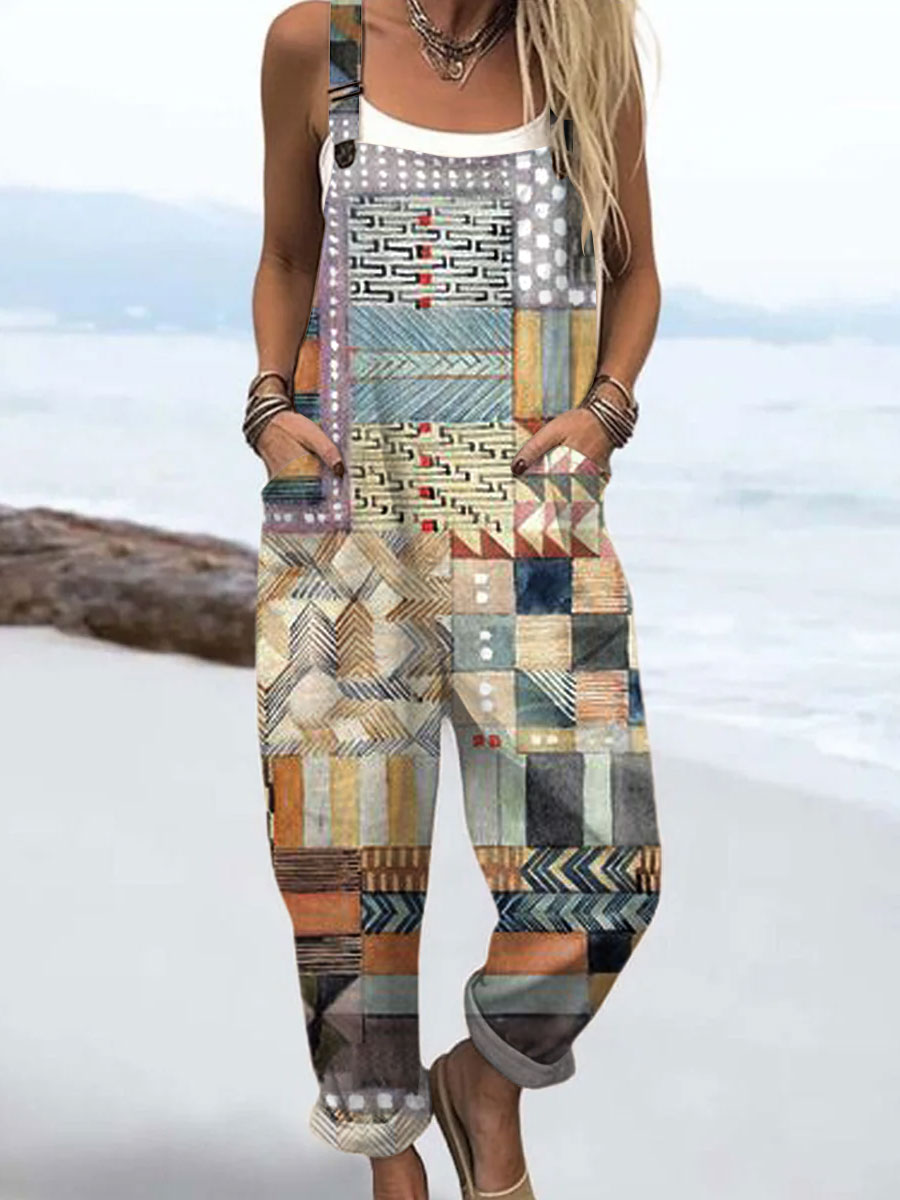 Women's  Vintage Abstract Geometric Art Print Casual 100% Cotton Wide Leg Jumpsuit