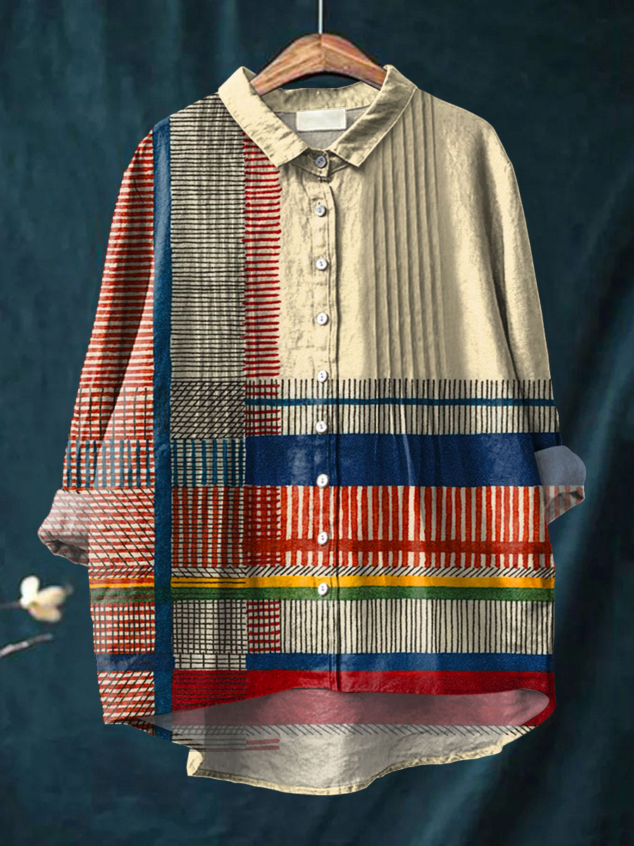 Women's Geometric Pattern Art Print Casual Cotton And Linen Ruffle Shirt