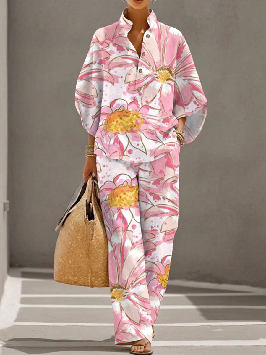Women's Floral Print Casual Cotton-linen Two-piece Set