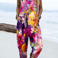 Women's Vintage Flower Art Print Casual 100% Cotton Wide Leg Jumpsuit
