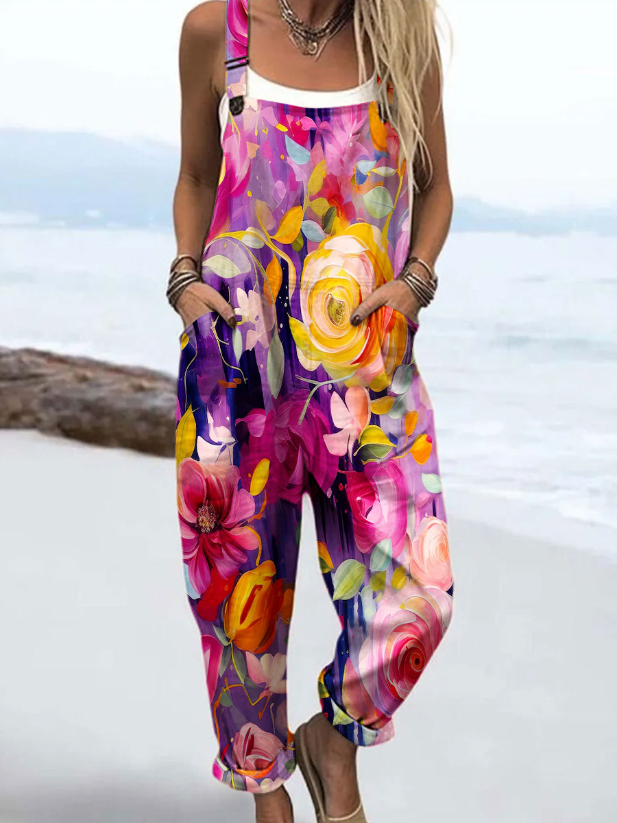 Women's Vintage Flower Art Print Casual 100% Cotton Wide Leg Jumpsuit