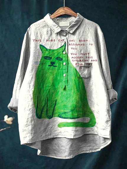 Chemise décontractée pour femme en coton et lin avec imprimé d'un motif humoristique de chat 