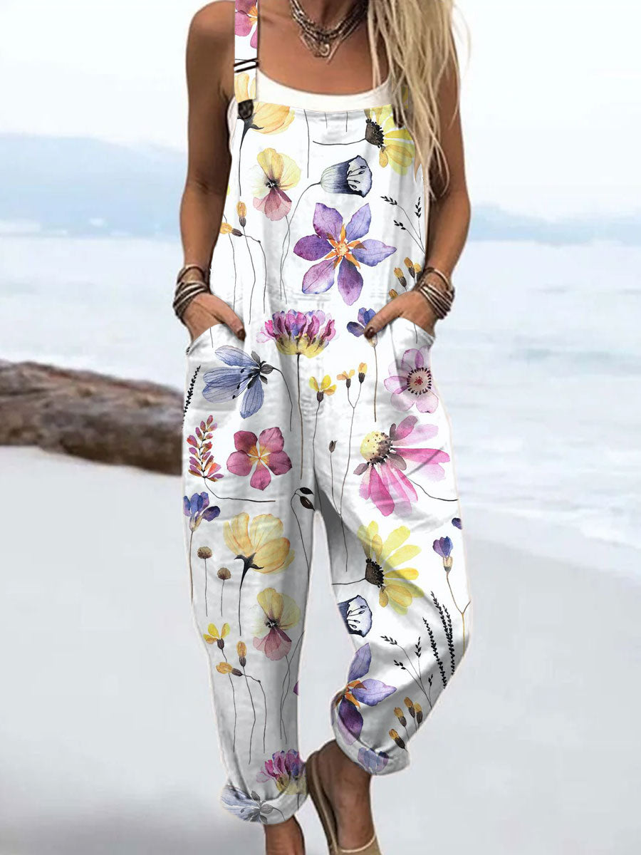 Women's Floral Art  Print Casual 100% Cotton Wide Leg Jumpsuit