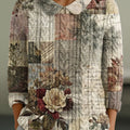 womens-vintage-rose-floral-plaid-splicing-painting-art-print-casual-peter-pan-collar-3-4-sleeve-sweater