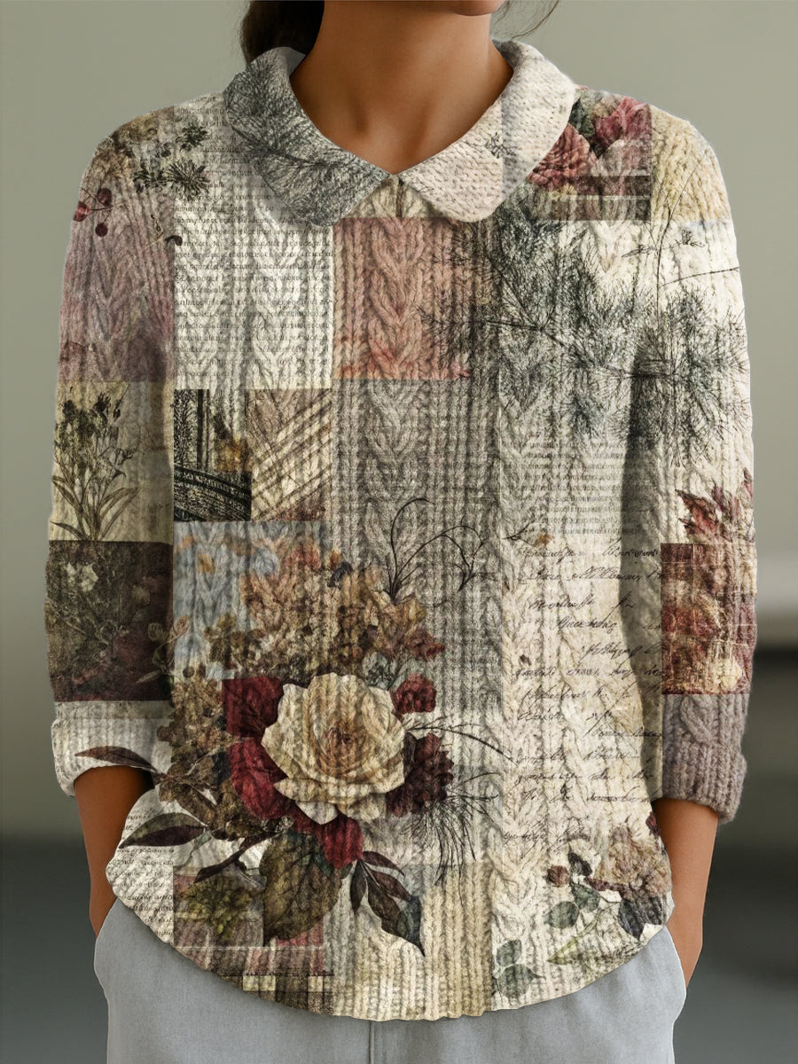 womens-vintage-rose-floral-plaid-splicing-painting-art-print-casual-peter-pan-collar-3-4-sleeve-sweater