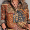 Women's Vintage Ethnic Geometric Floral Splicing Painting Art Print Casual Cotton And Linen Shirt