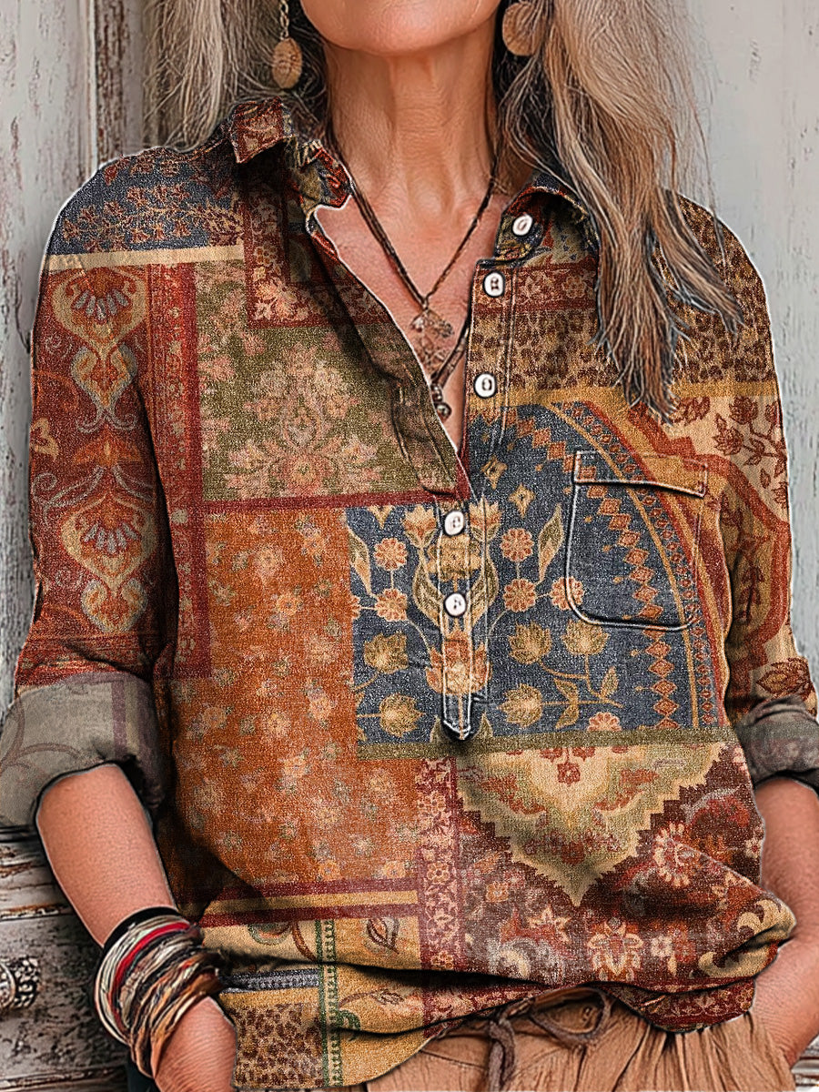 Women's Vintage Ethnic Geometric Floral Splicing Painting Art Print Casual Cotton And Linen Shirt