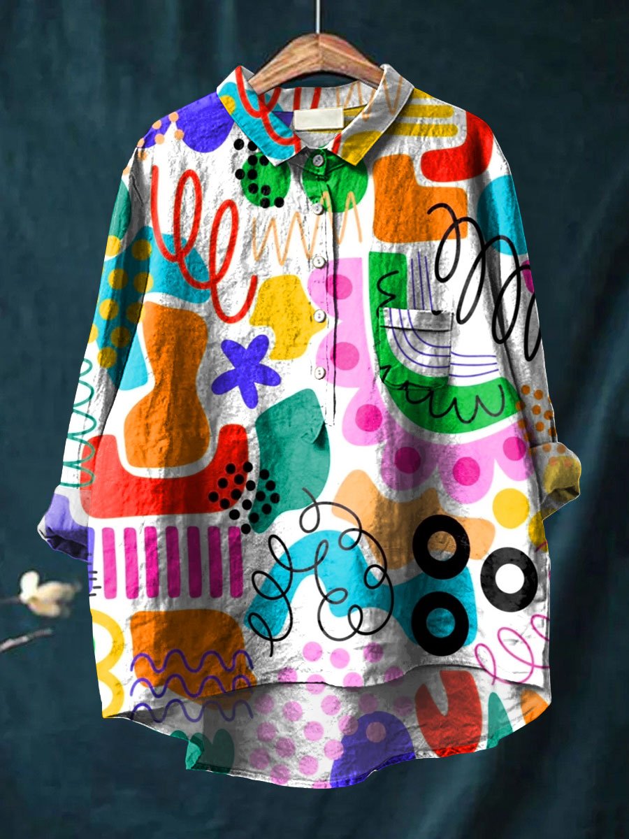 Abstrct Art Printed Women's Casual Cotton And Linen Shirt