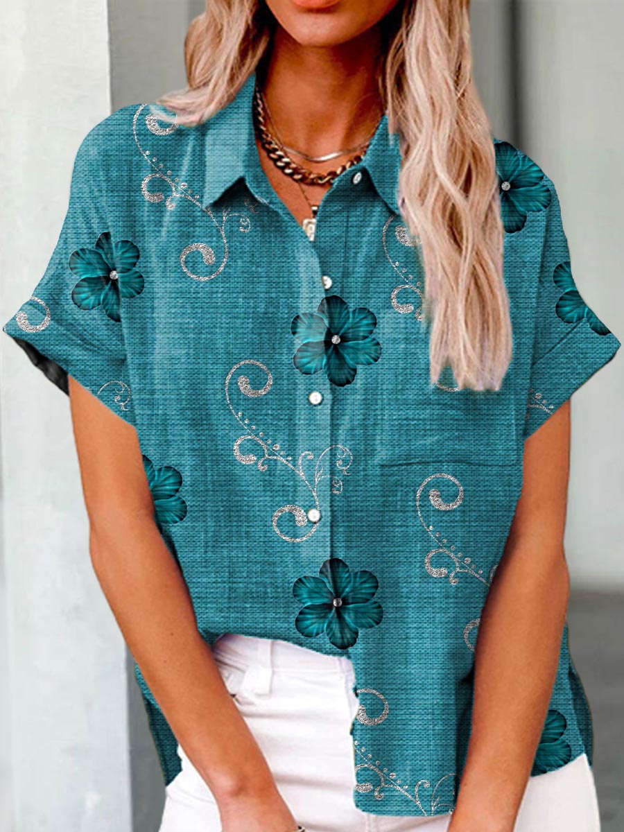Women's Vintage Floral Pattern Art Print Casual Cotton Shirt
