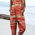 Women's Retro Abstract Texture Art Print Casual 100% Cotton Wide Leg Jumpsuit