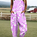 Women's Vintage Floral Art Print Casual 100% Cotton Wide Leg Jumpsuit