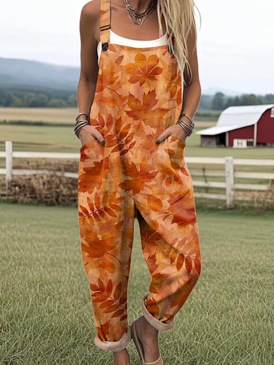 Women's Vintage Maple Pattern Art Print Casual 100% Cotton Wide Leg Jumpsuit