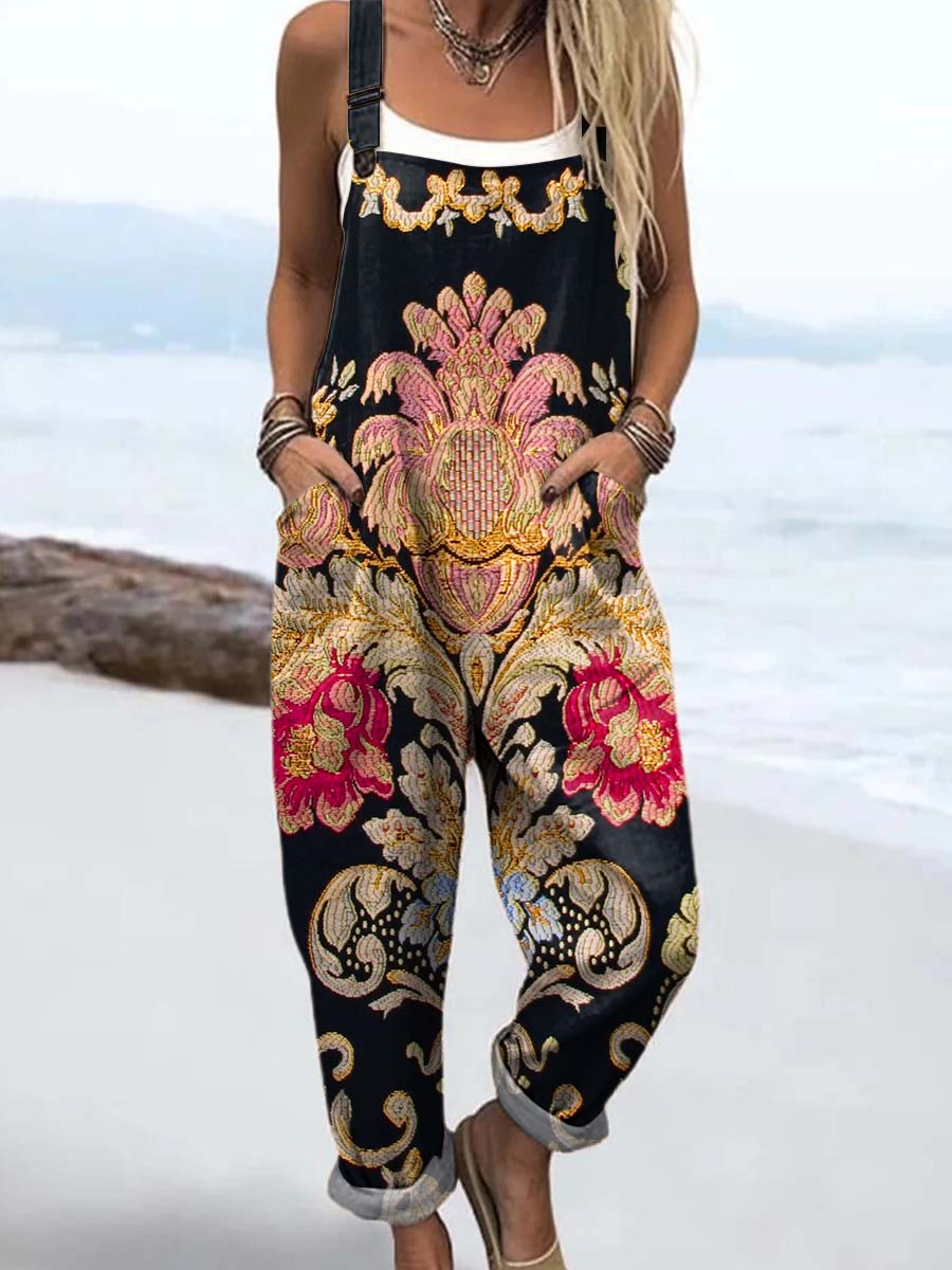 Women's Vintage Floral Pattern Art Print Casual 100% Cotton Wide Leg Jumpsuit