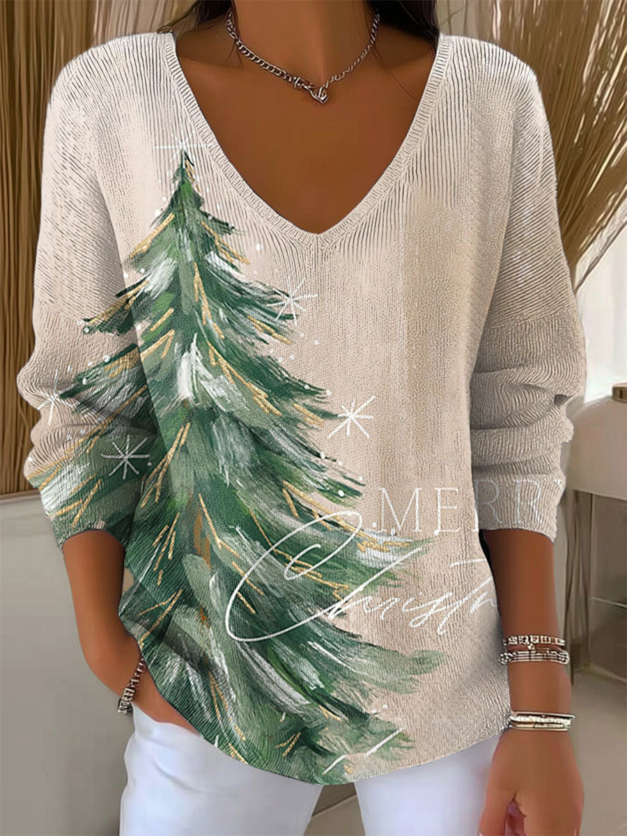 Women's  Vintage  Christmas Art Print Casual Pullover Sweater