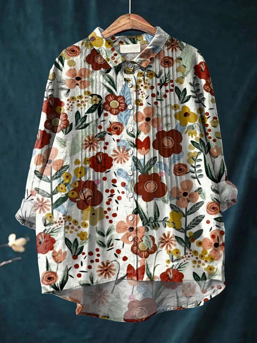 Women's Floral Art Print Casual Cotton And Linen Ruffle Shirt