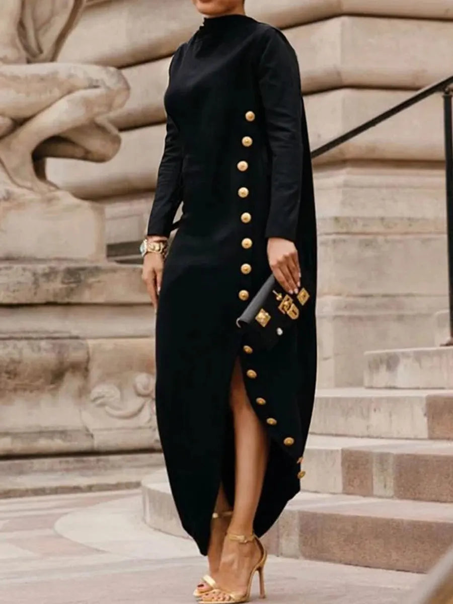 Women's Solid Color Round Neck Long Sleeve Casual Button Loose Fit Dress