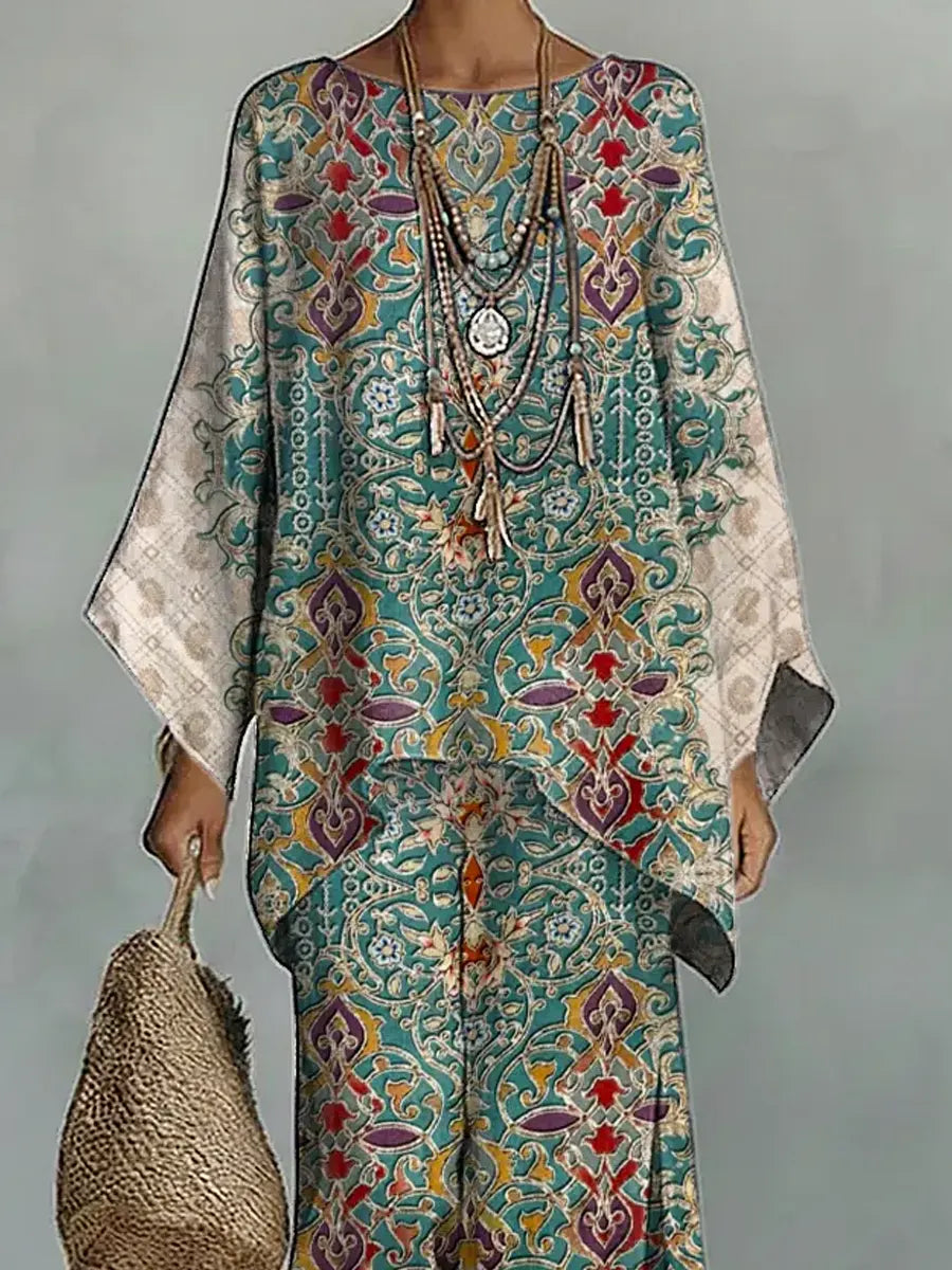 Women's Vintage Ethnic Floral Art Comfortable Loose Cotton Linen Wide-leg Pants Two-piece Set