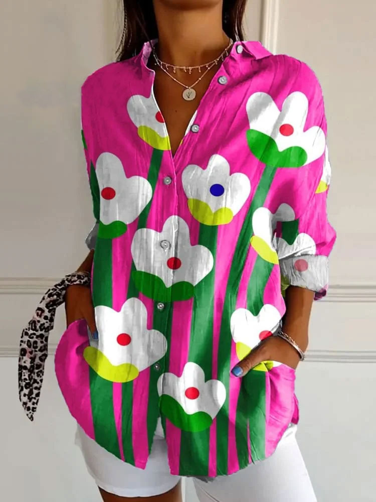 Women's Flower Art Print Casual Cotton Shirt