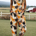 Women's Vintage Chicken Abstract Art Print Casual 100% Cotton Wide Leg Jumpsuit