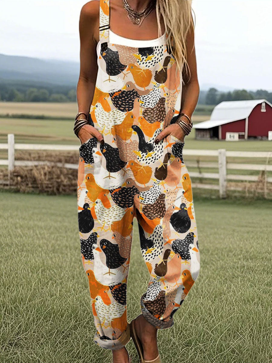 Women's Vintage Chicken Abstract Art Print Casual 100% Cotton Wide Leg Jumpsuit