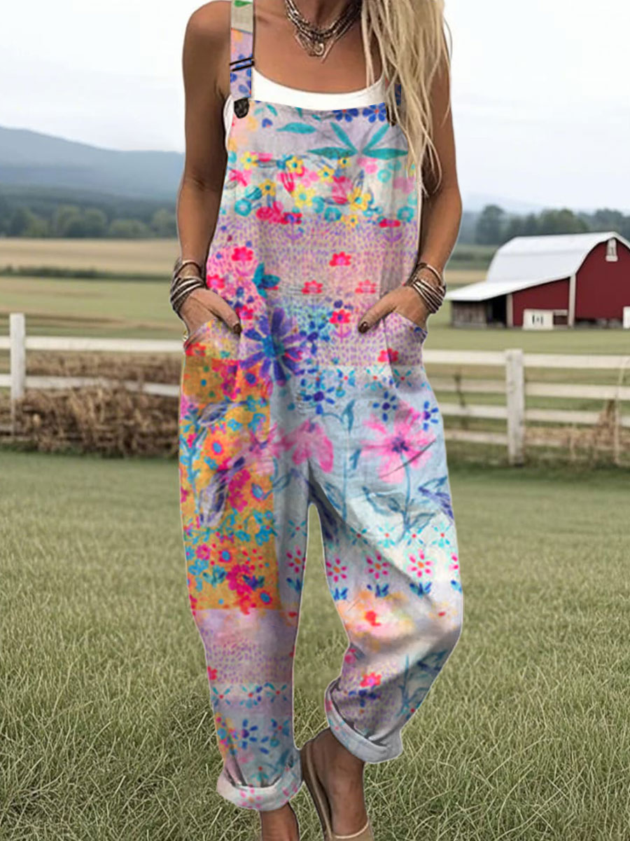 Women's  Patchwork Floral Art Print Casual 100% Cotton Wide Leg Jumpsuit