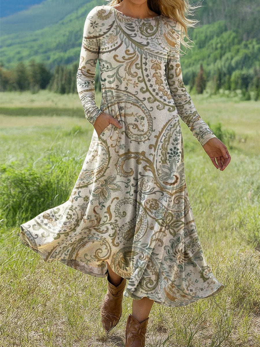 Women's Vintage Ethnic Paisley Painting Art Print Long-sleeved Dress