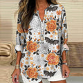 Bats Spiderwebs and Orange Peony Roses on White Pastel Halloween Linen Blend Shirt