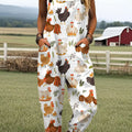Women's Vintage Funny Animal Farm Chicken Flower Art Print Casual 100% Cotton Wide Leg Jumpsuit