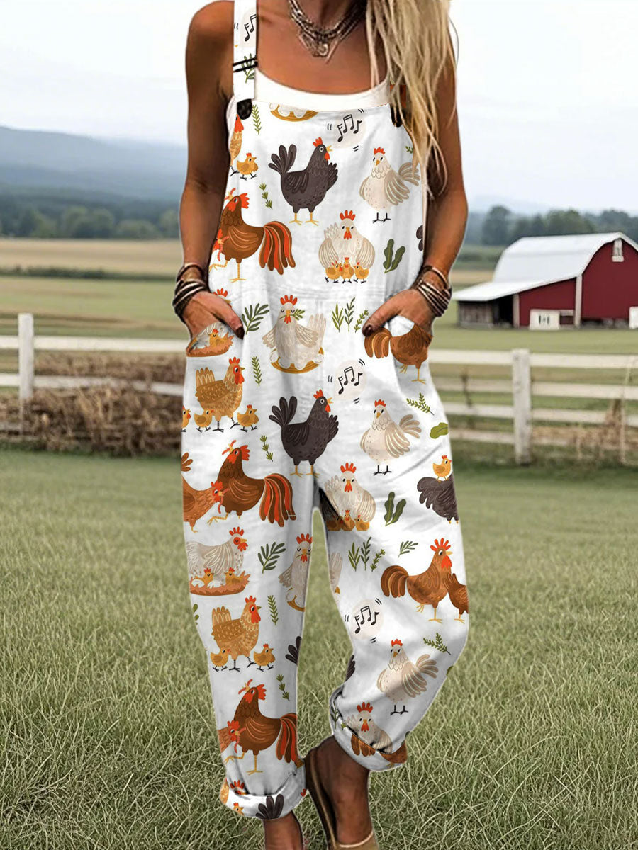 Women's Vintage Funny Animal Farm Chicken Flower Art Print Casual 100% Cotton Wide Leg Jumpsuit