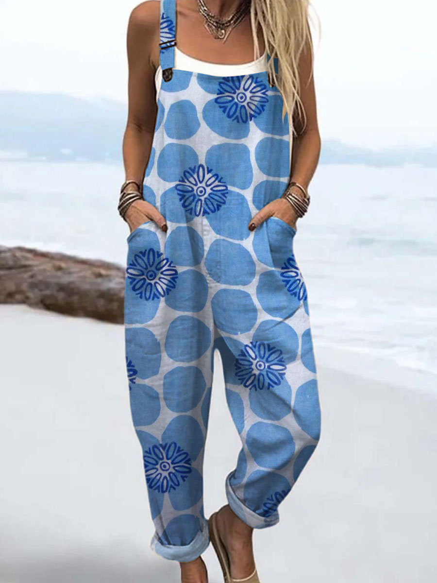 Women's Vintage  Flowers Art Print Casual 100% Cotton Wide Leg Jumpsuit