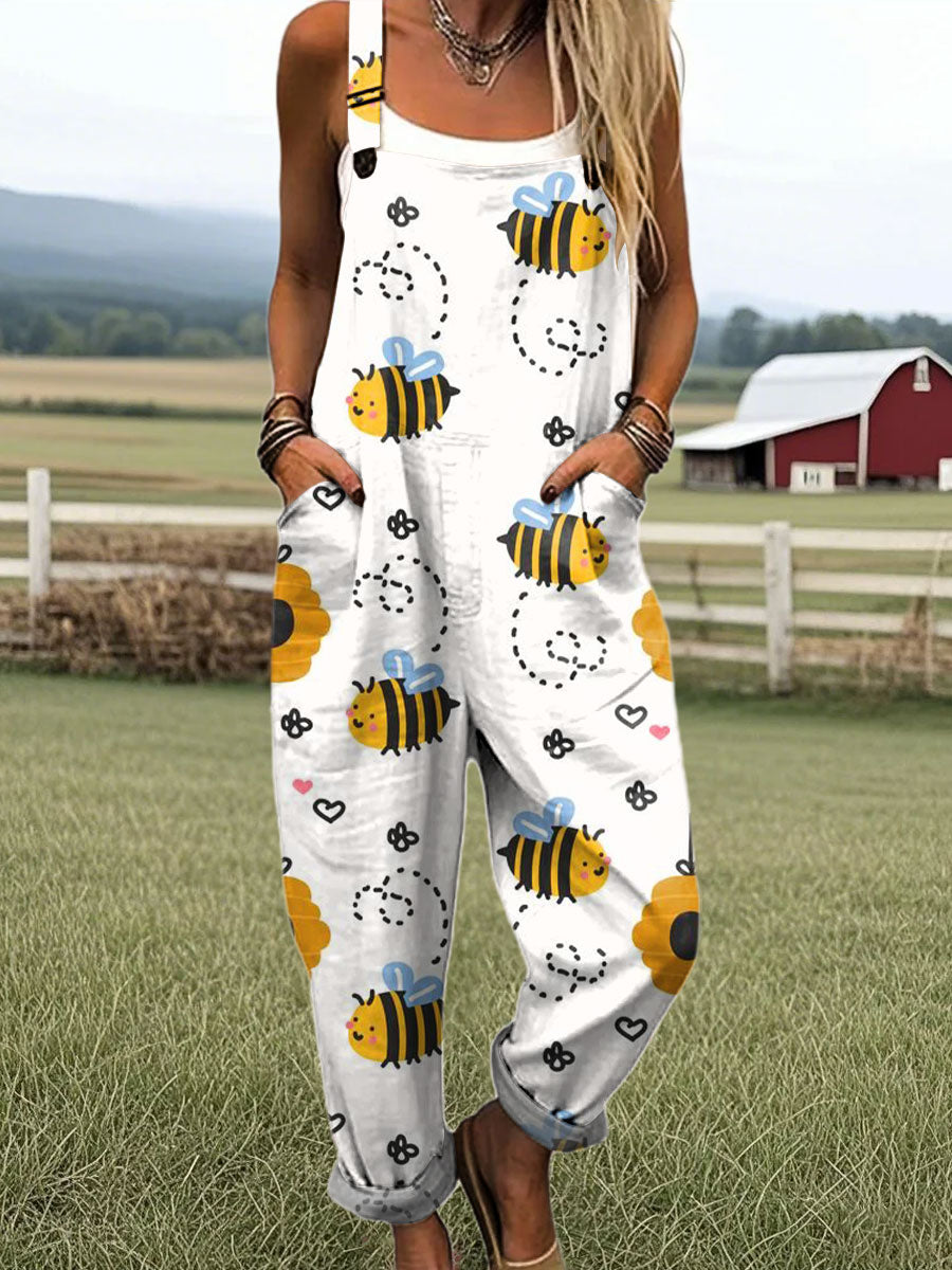 Women's Colorful Cute Bee Art Print Casual 100% Cotton Wide Leg Jumpsuit
