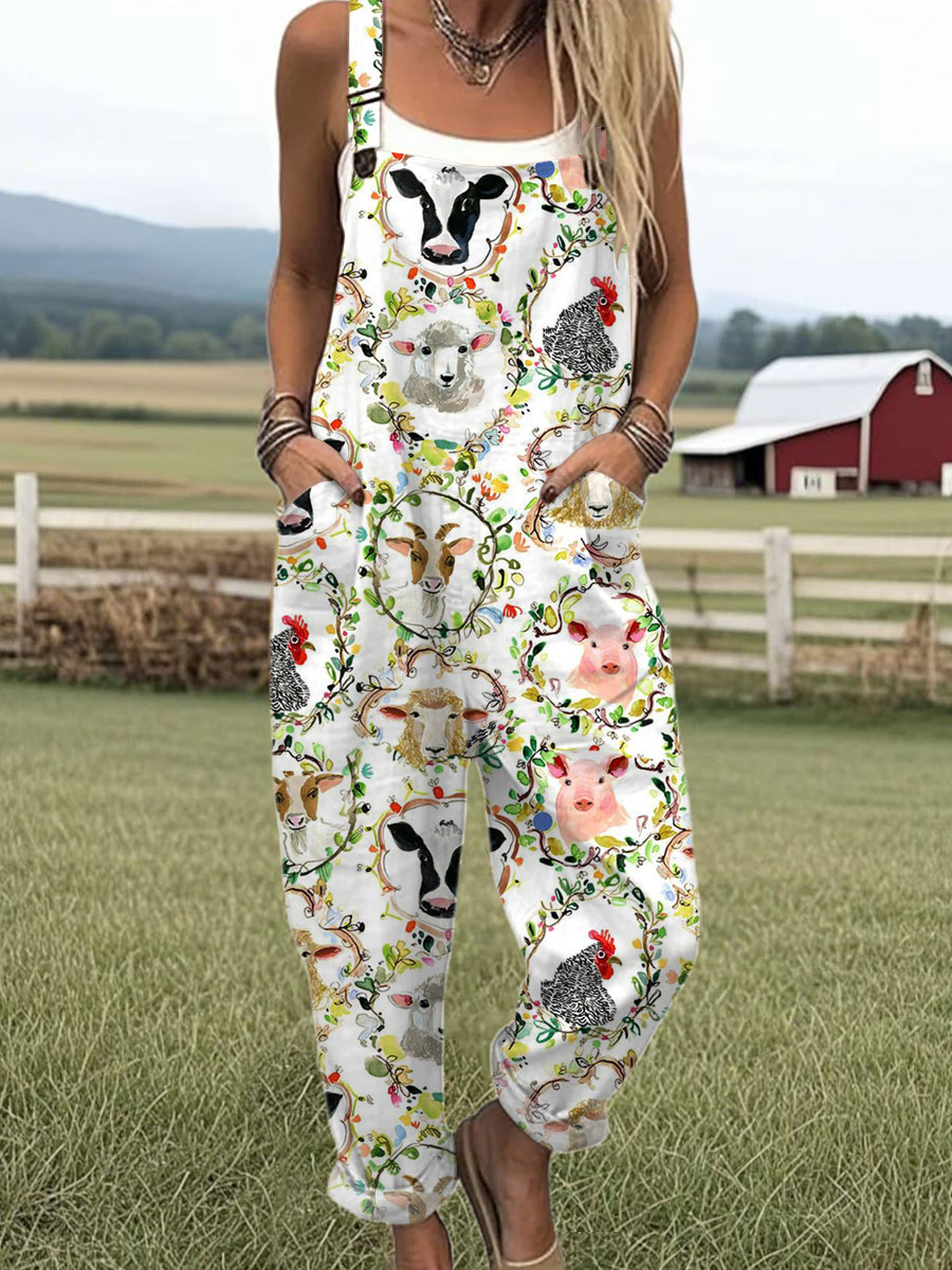 Women's Vintage Animals  Art Print Casual 100% Cotton Wide Leg Jumpsuit