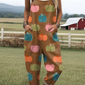 Women's  Autumn Pumpkin Vintage Art Print Casual 100% Cotton Wide Leg Jumpsuit