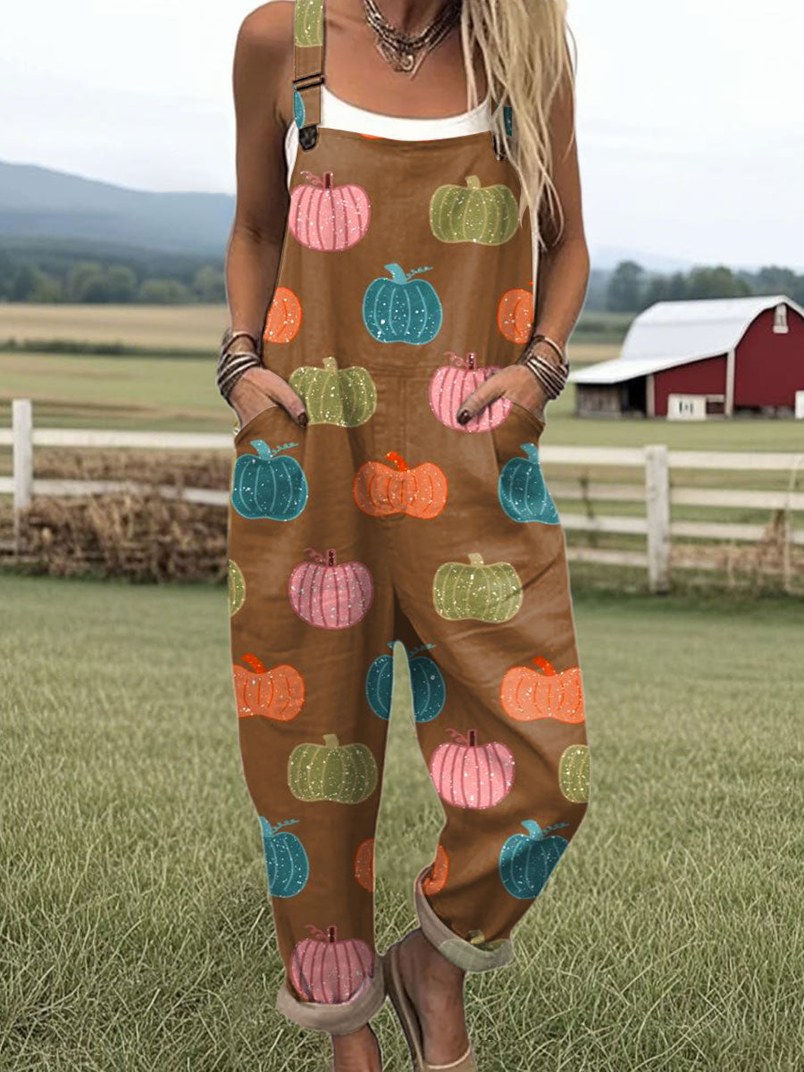 Women's  Autumn Pumpkin Vintage Art Print Casual 100% Cotton Wide Leg Jumpsuit