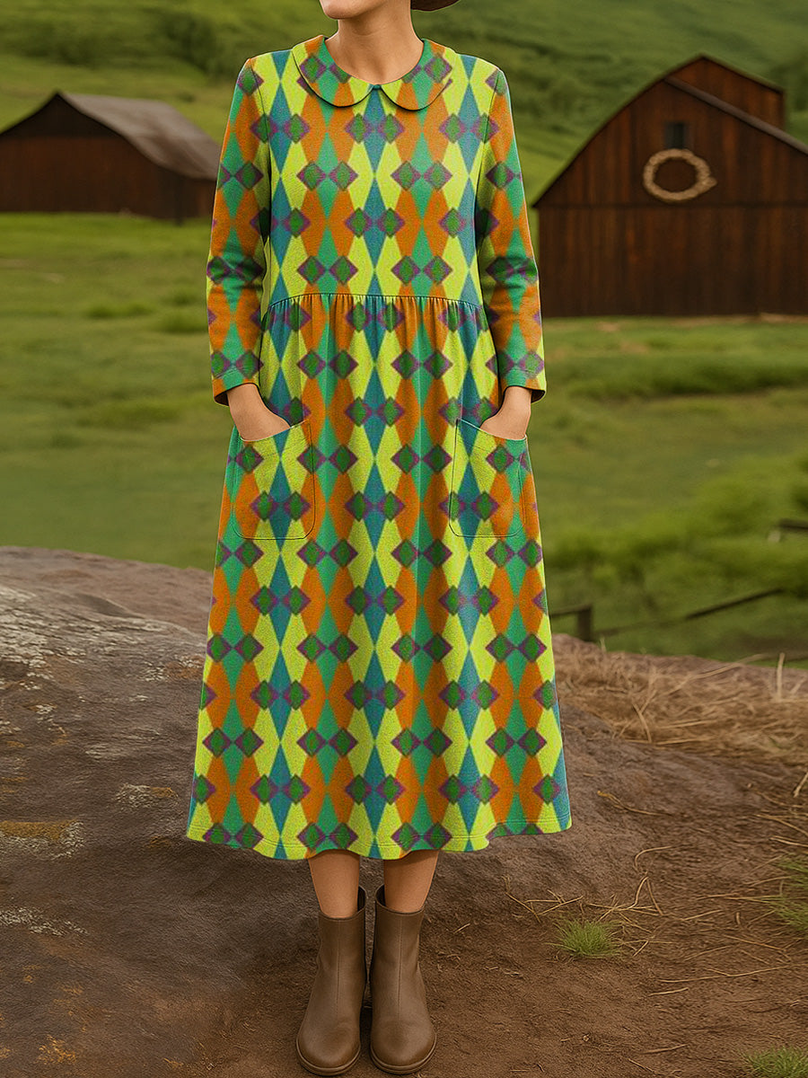 Women's Beautiful Diamond Geometric Painting Art Print Cotton Lapel Shirt Dress