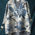 Women's Vintage Lovely Floral Birds Art Print Casual Cotton And Linen V-neck Shirt