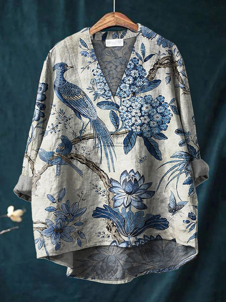 Women's Vintage Lovely Floral Birds Art Print Casual Cotton And Linen V-neck Shirt
