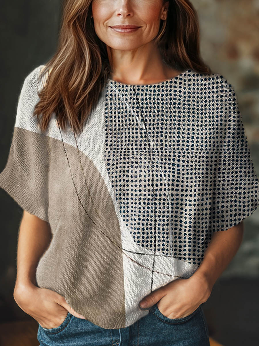 womens-geometric-pattern-art-print-casual-crew-neck-short-sleeve-knitted-sweater