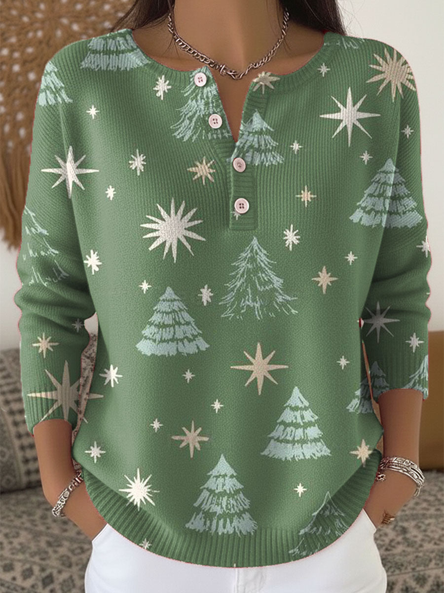 Women's Christmas Tree Pattern Art Print Buttoned Cardigan Sweater