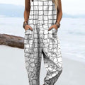 Women's Simple Square Art Print Casual 100% Cotton Wide Leg Jumpsuit