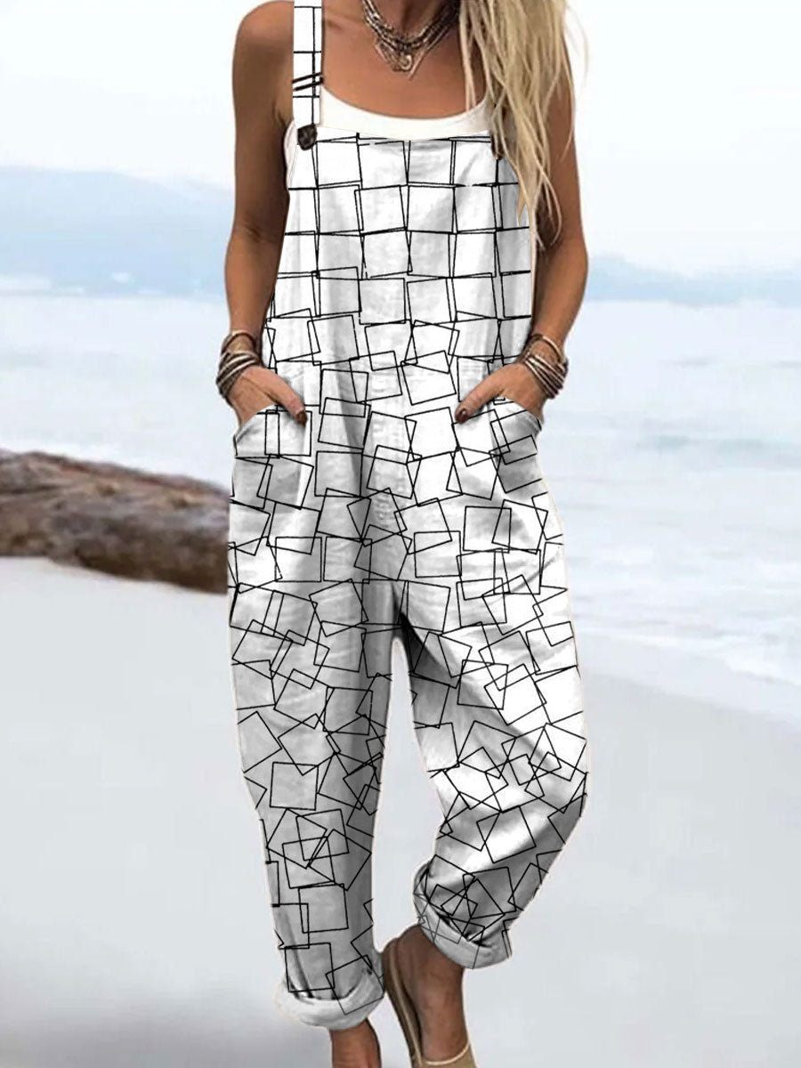 Women's Simple Square Art Print Casual 100% Cotton Wide Leg Jumpsuit
